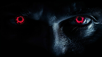 A close-up of a pair of glowing red eyes peering from the darkness.
