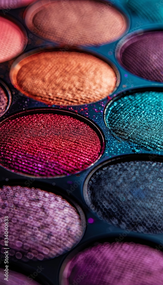 Poster detailed view of a vibrant and textured eyeshadow palette displaying rich hues on a smooth surface. 