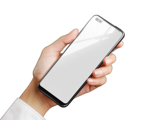 A close up of the hand with smartphone with white touch screen