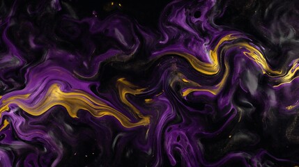 Abstract swirls of purple and gold liquid create a mesmerizing pattern. The vibrant colors and fluid movements