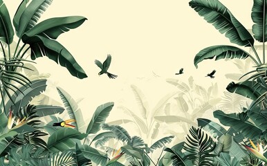 Illustration of tropical wallpaper print design with palm banana leaves and birds on canvas texture. Tropical plants and birds on textured background. AI generated illustration