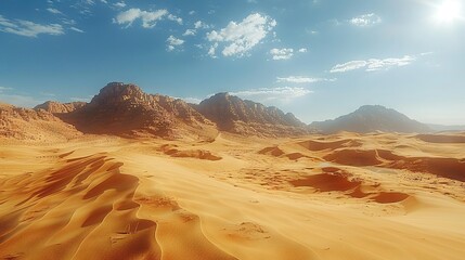   A stunning view of an arid landscape with rolling sand dunes and majestic mountains fading into the horizon, framed by a vivid azure sky