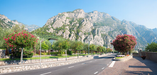 main road through tourist resort Limone sul Garda, mediterranean landscape with oleander bushes