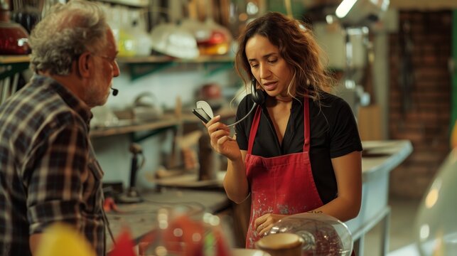 Woman in Apron Talking to Man in Shop
