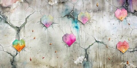 Cracked concrete background with graffiti tags in watercolor , distressed, abstract, texture, urban, grunge, street art, vandalism, decay, broken, artistic, paint, splatter, rough, edgy