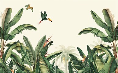 Illustration of tropical wallpaper print design with palm banana leaves and birds on canvas texture. Tropical plants and birds on textured background. AI generated illustration