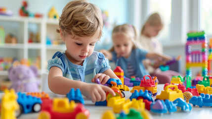 Fototapeta premium Preschooler Boy Playing with Colorful Blocks, Caucasian Child Engaged in Educational Fun at Kindergarten. Cognitive Development, Motor Skills Training.
