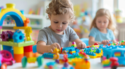 Fototapeta premium Preschooler Boy Playing with Colorful Blocks, Caucasian Child Engaged in Educational Fun at Kindergarten. Cognitive Development, Motor Skills Training.