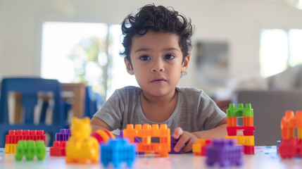Preschooler Playing with Colorful Blocks, Latin Child Engaged in Educational Fun at Kindergarten....