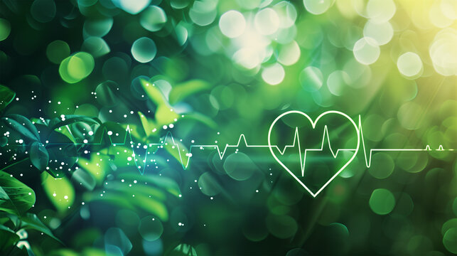 Green Bokeh Natural Background with Heart Rate Icon. Concept for Healthy Life or Love to Nature Background. Heart Rhythm.