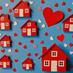 wooden house with red heart, Blue background