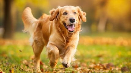 Golden Retriever dog plays and runs in a park.
