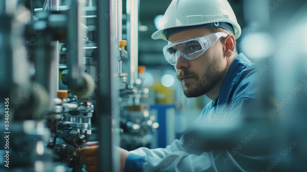 Poster man in hard hat and goggles operating machine