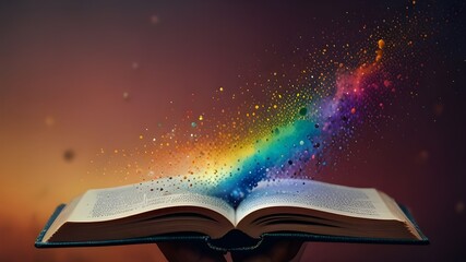 Literary Luminescence: Book Release Illuminated by Colorful Particles, AI-generated image of amazing book with colorful particles and technology. Book Launch with Colorful Particles. 