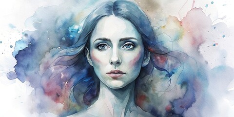 Portrait of a woman's silhouette surrounded by double exposure elements representing loss, depression, and stress, Mental health, watercolor, abstract, artistic, emotional, despair, solitude