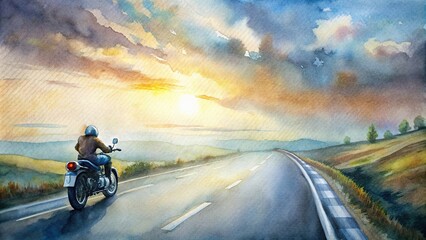 Motorcycle cruising on an empty highway, symbolizing freedom and joy of the ride , motorcycle, highway, empty road, travel, journey, adventure, speed, excitement, outdoors, relaxation