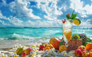 A picturesque beachside picnic setup with tropical fruits, a refreshing cocktail in a tall glass, and a stunning view of the ocean and sky