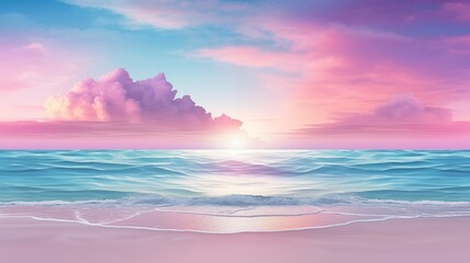 Obraz premium A breathtaking sunset over the ocean with a pastel pink and purple sky, calm waves, and a serene beach.