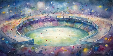 stadium template with colorful confetti falling on the field at night watercolor , night,stadium, template, colorful, confetti, falling, field, watercolor, sports, celebration, event