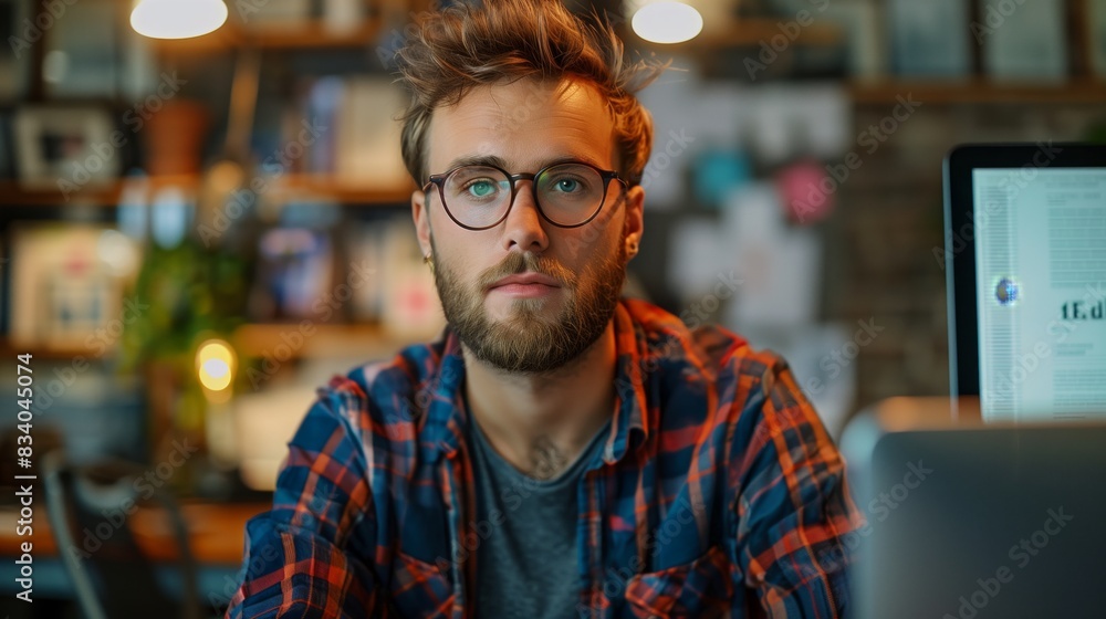Poster man with glasses working on computer