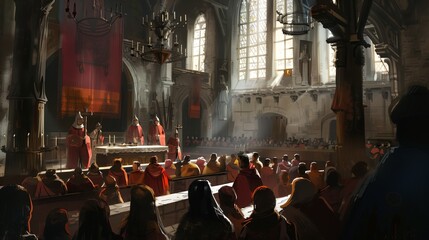 People Gathering in Medieval Courtroom