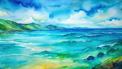 Sea watercolor painting with vibrant blues and greens , ocean, watercolor, waves, tranquil, peaceful, abstract, texture, marine, nautical, underwater, serene, liquid, aqua, aquamarine