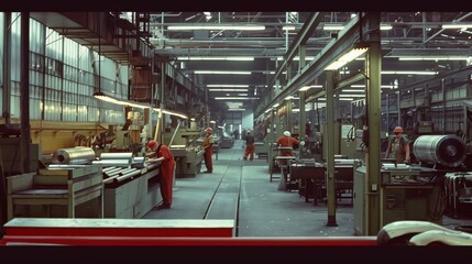 Naklejka premium Busy Factory Floor With Machines and Workers