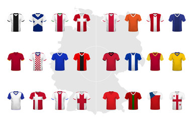 Set of t-shirts kits of the national teams european football team. Soccer team t-shirts flag icon. European football tournament in Germany. Vector illustration.