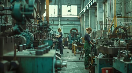 Group of Workers Operating Machinery in Factory