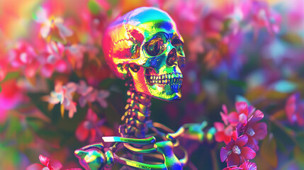 Chromatic Aberration Skeleton Amongst Red Flowers. 