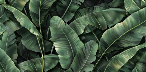 Close up tropical Green leaves texture and abstract wallpaper, Nature concept., dark tone. AI generated illustration