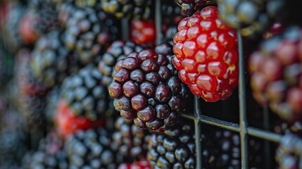   Raspberries hang on wire mesh wall, displayed with others