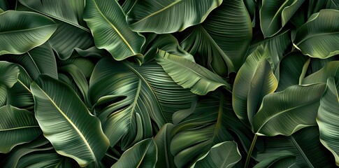Close up tropical Green leaves texture and abstract wallpaper, Nature concept., dark tone. AI generated illustration