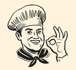 Happy chef in hat shows hand gesture ok. Hand drawn portrait of smiling man cook. Cooking, restaurant emblem or logo