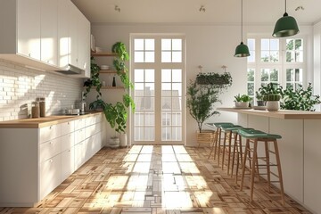 Spacious Kitchen With White Cabinets and Green Stools