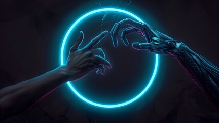Two Hands Touching in Neon Circle