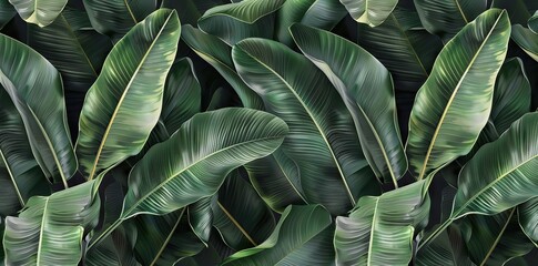 Close up tropical Green leaves texture and abstract wallpaper, Nature concept., dark tone. AI generated illustration