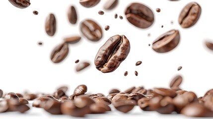 Falling coffee beans on white background