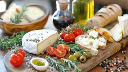 French homemade cheese platter presented with accompaniments such as tomatoes peppers herbs olive oil olives and bread on a wooden board