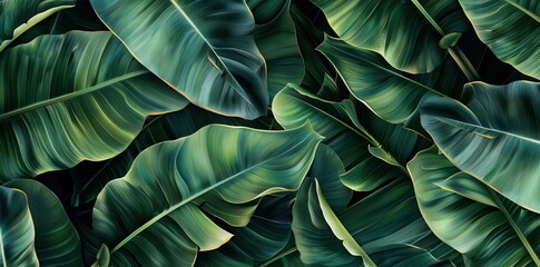 Close up tropical Green leaves texture and abstract wallpaper, Nature concept., dark tone. AI generated illustration