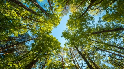 Obraz premium Looking up Green forest. Trees with green Leaves, blue sky and sun light. Bottom view