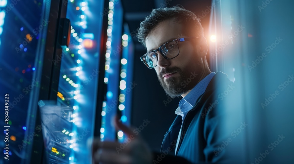 Poster man in glasses analyzing computer screen