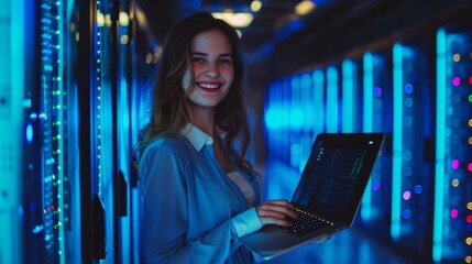 Smiling Woman Holding Laptop in Server Room