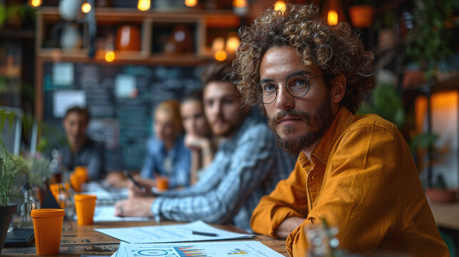 young man at corporate meeting room with a branding team brainstorming