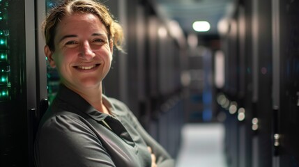 Female Technician Standing Among Servers