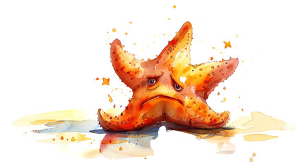 Sad starfish sits on the beach. He is sad because the water is polluted and he can't swim in it.