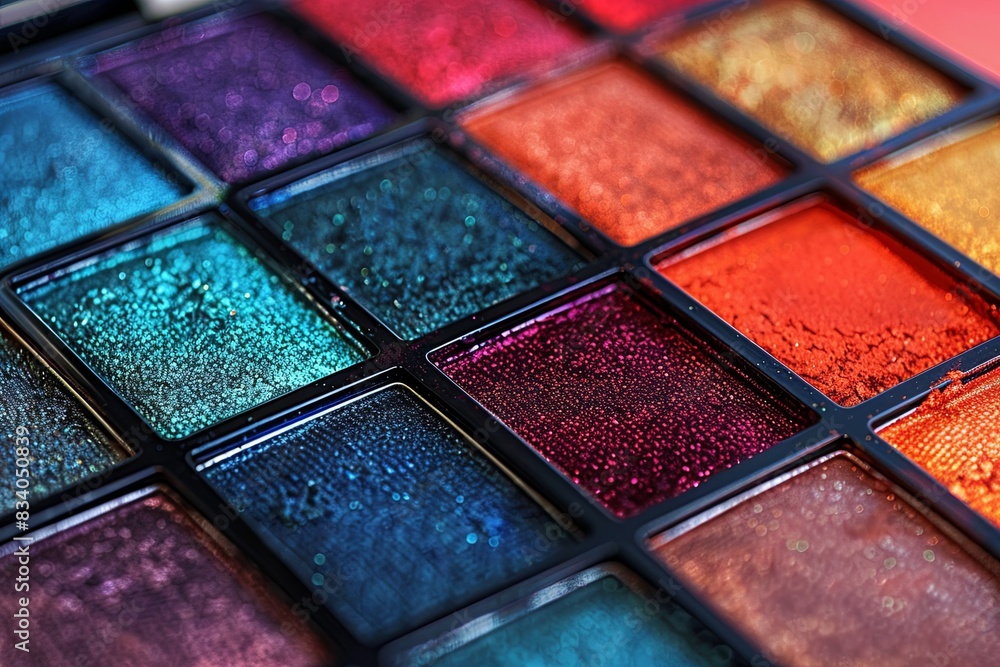 Poster detailed close up of a multi colored eyeshadow palette showing bright and vibrant hues with a visibl