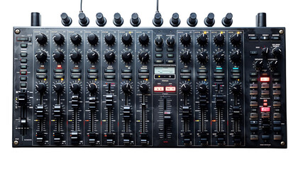 The image shows a professional audio mixer with various knobs, faders, and buttons. It is used to control the volume and other aspects of multiple audio channels.