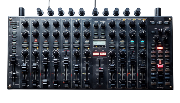 The image shows a professional audio mixer with various knobs, faders, and buttons. It is used to control the volume and other aspects of multiple audio channels.