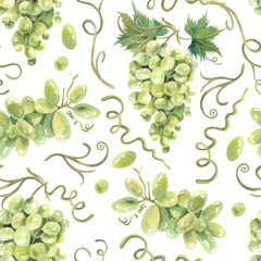 Green grapes, vine watercolor, seamless pattern. Hand drawn. For kitchen textile, fabric, design, packaging, wallpaper. Food illustration